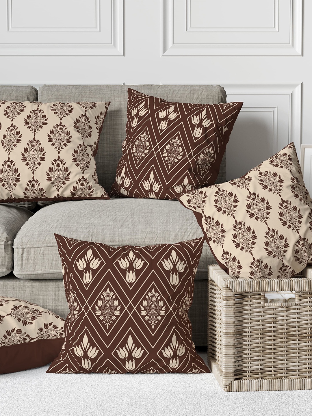 

Astitva Cream & Brown 5 Pieces Floral Square Cushion Covers