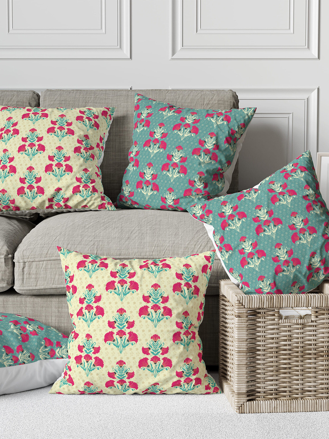 

Astitva Cream Coloured & Green 5 Pcs Floral Printed Square Silk Cushion Covers