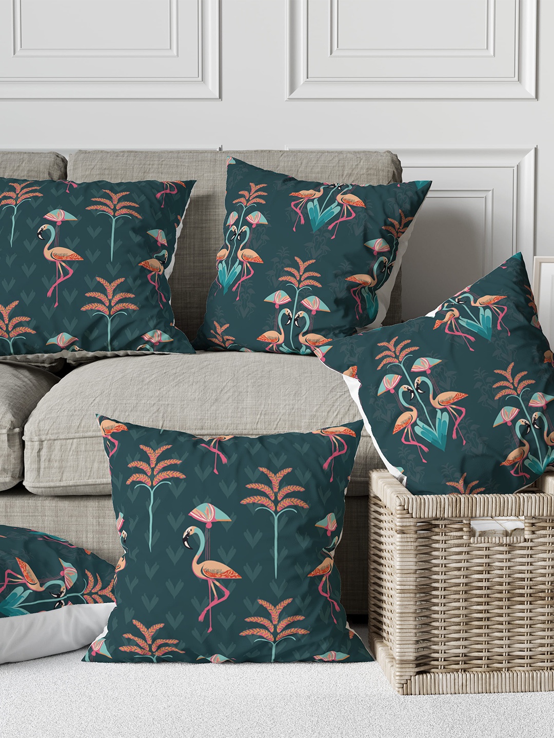 

Astitva Green & Pink 5 Pcs Floral Square Silk Cushion Covers