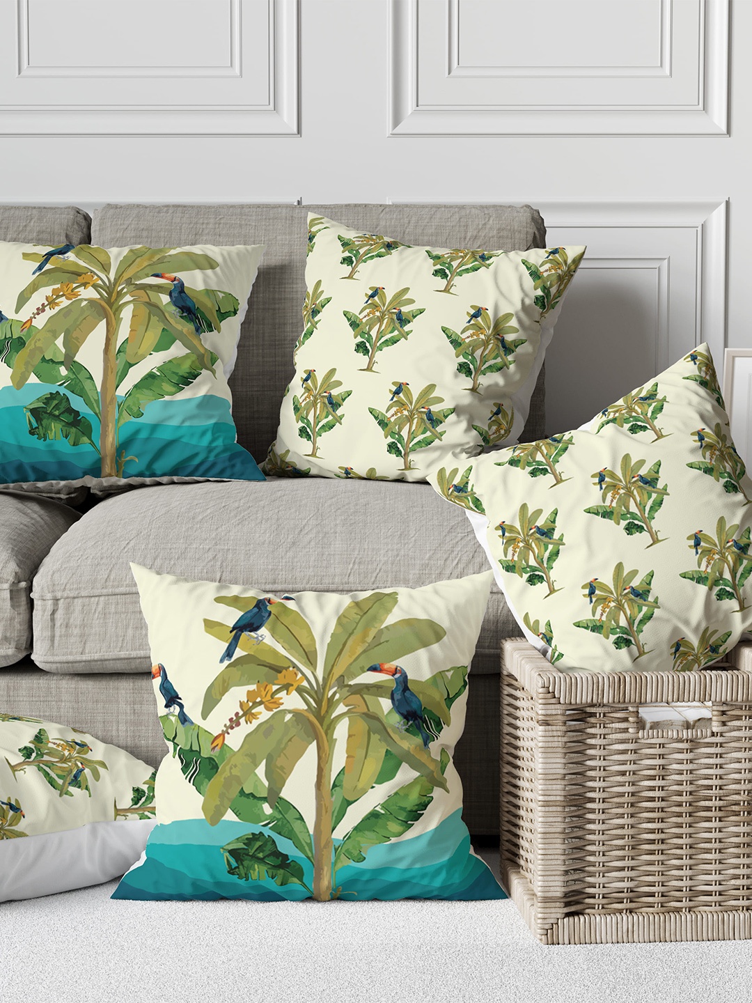 

Astitva Cream Coloured & Green 5 Pcs Floral Square Silk Cushion Covers