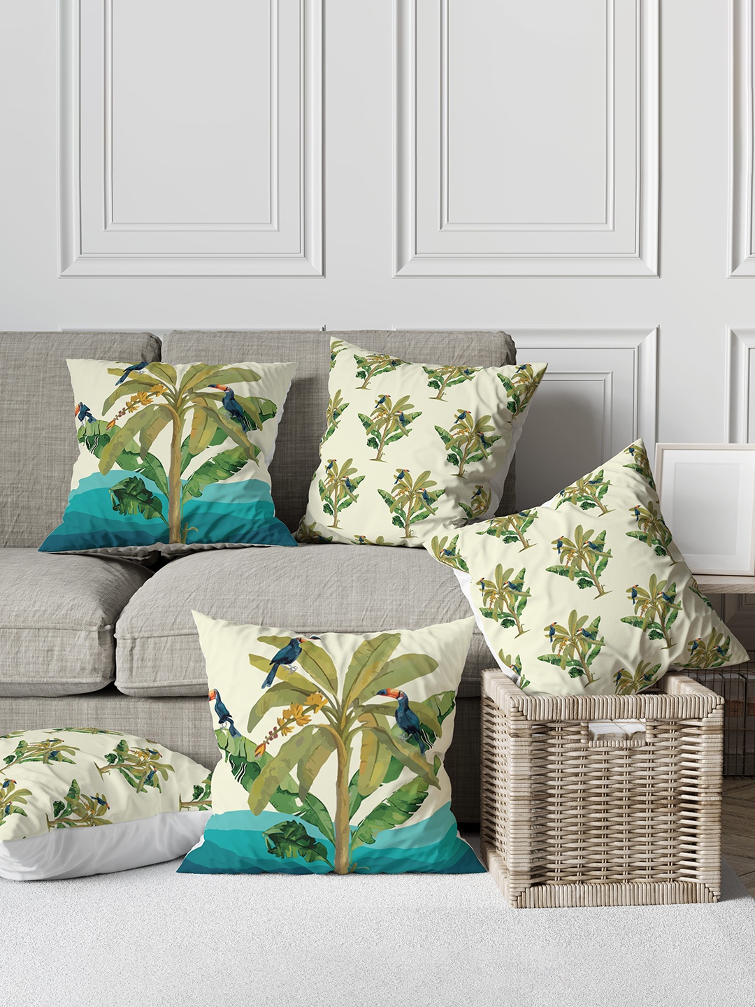 

Astitva Cream & Green 5 Pieces Tropical Printed Silk Square Cushion Covers