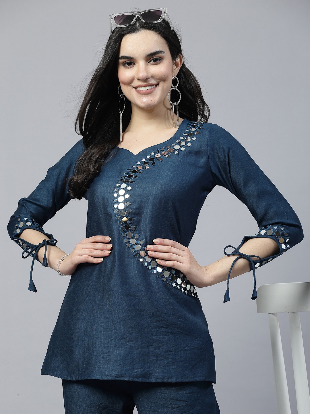

KALINI Embellished Pure Cotton Tunic With Trousers Co-Ords, Teal