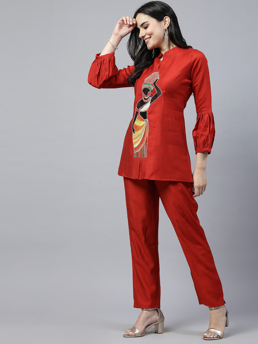 

KALINI Embroidered Mandarin Collar Pure Cotton Top With Trousers, Red
