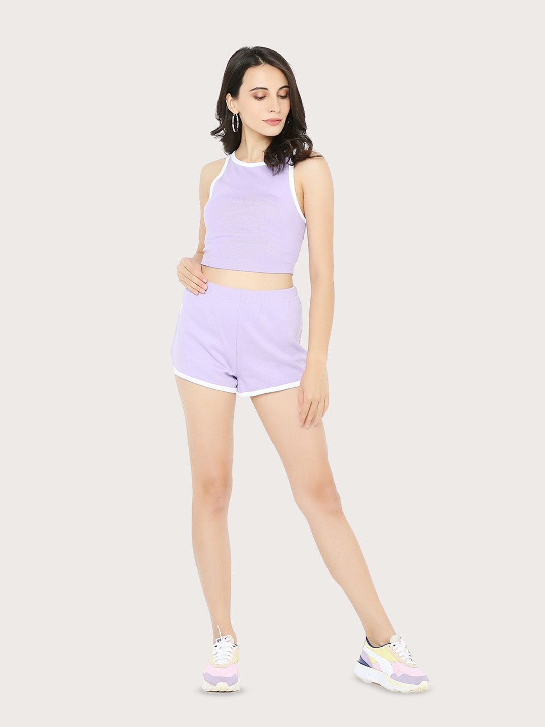 

BLANCD Ribbed Sleeveless Crop Pure Cotton Tank Top With Shorts, Lavender