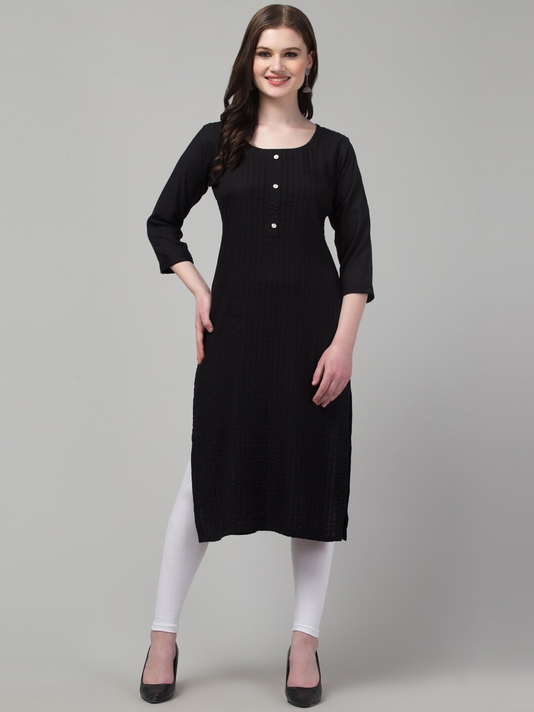 

Trend Level Round Neck Pin Tucks Straight Kurta, Black