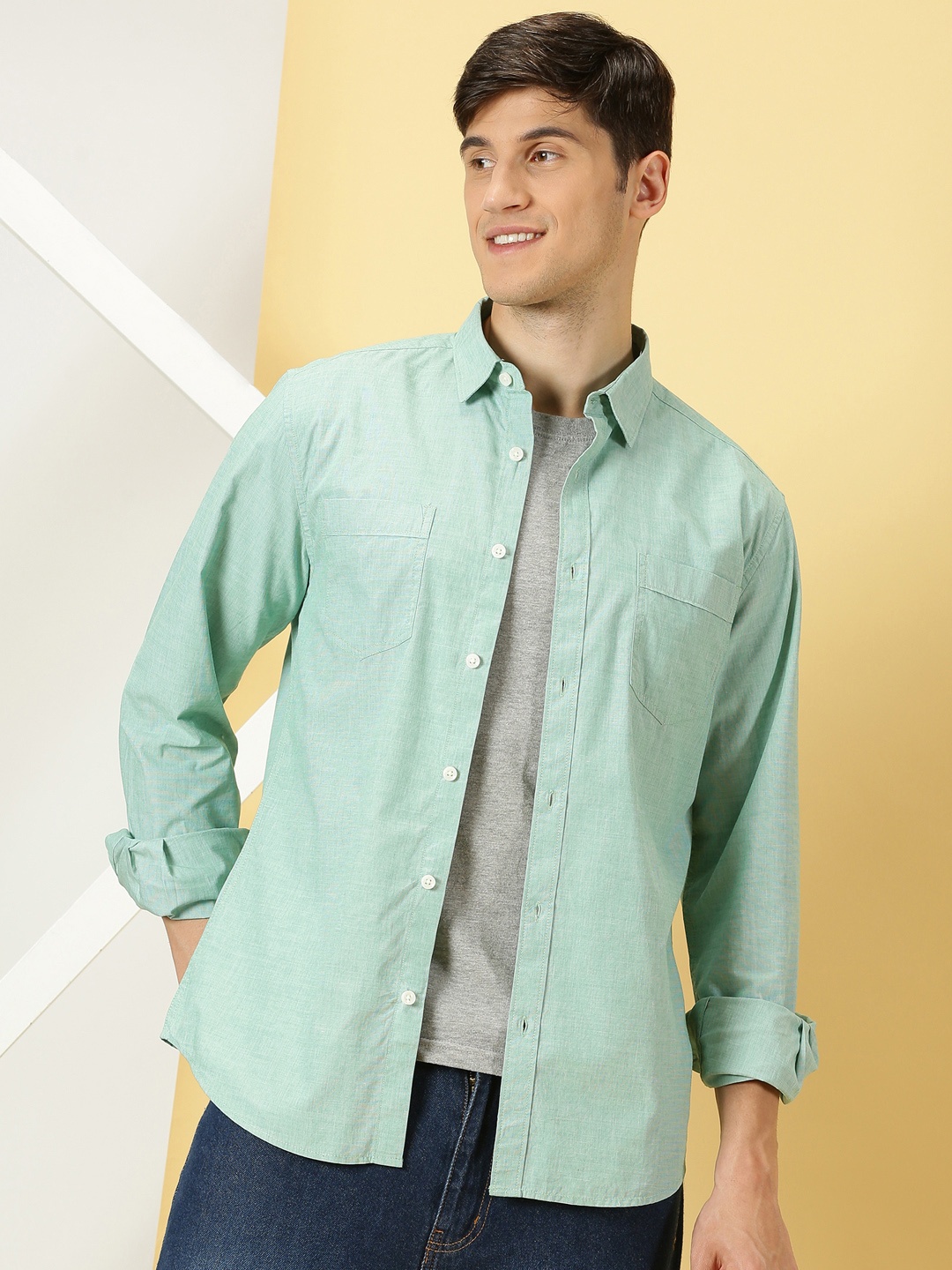 

Thomas Scott Classic Spread Collar Chambray Pure Cotton Casual Shirt, Green