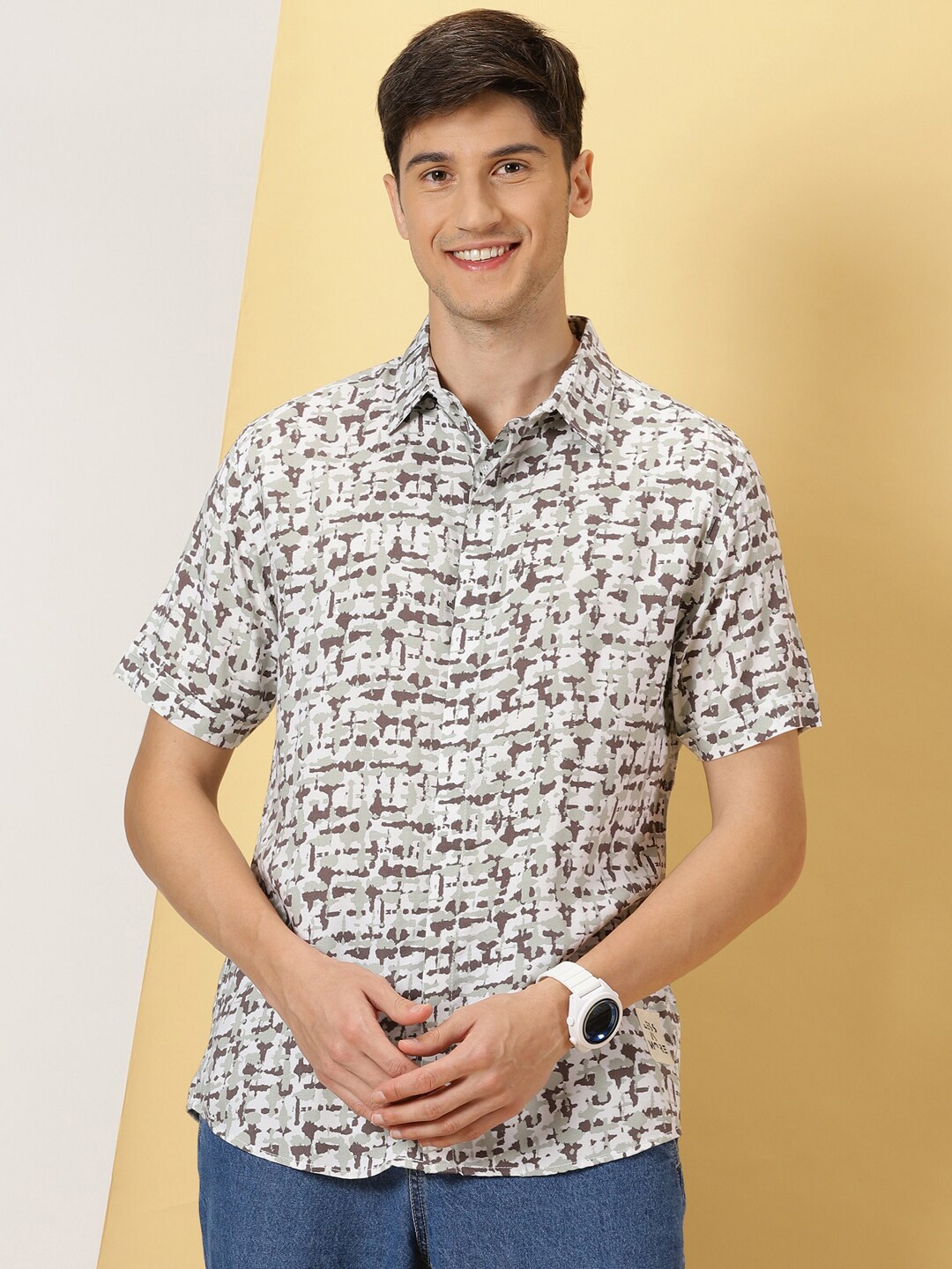 

Thomas Scott Classic Abstract Printed Cotton Casual Shirt, Cream