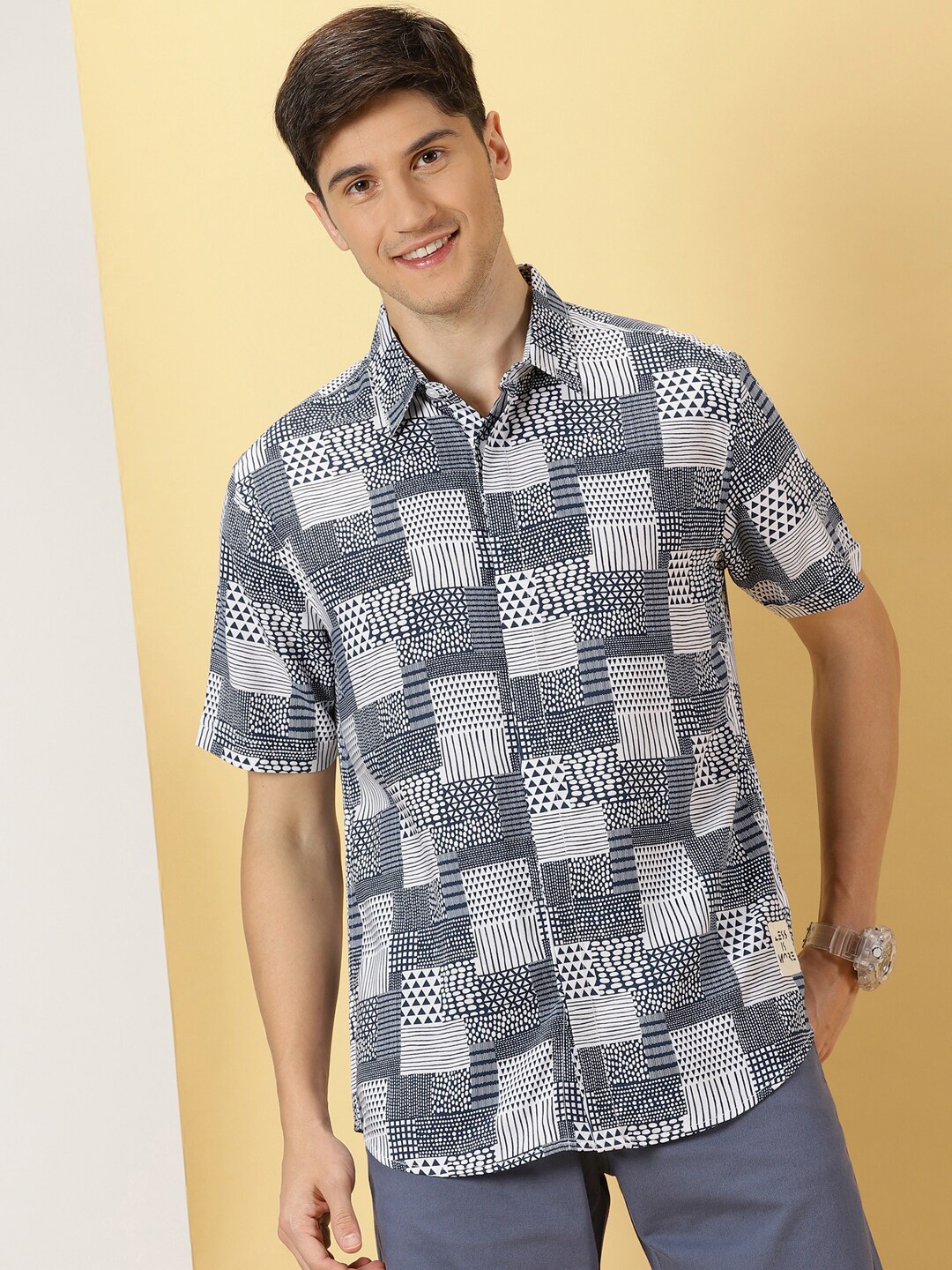 

Thomas Scott Classic Opaque Geometric Printed Cotton Casual Shirt, Navy blue