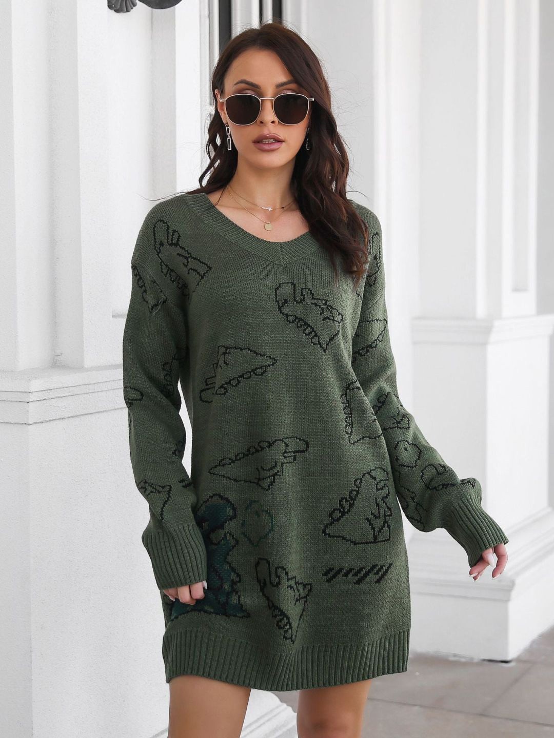 

DressBerry Olive Green Abstract Printed Jacquard Dress