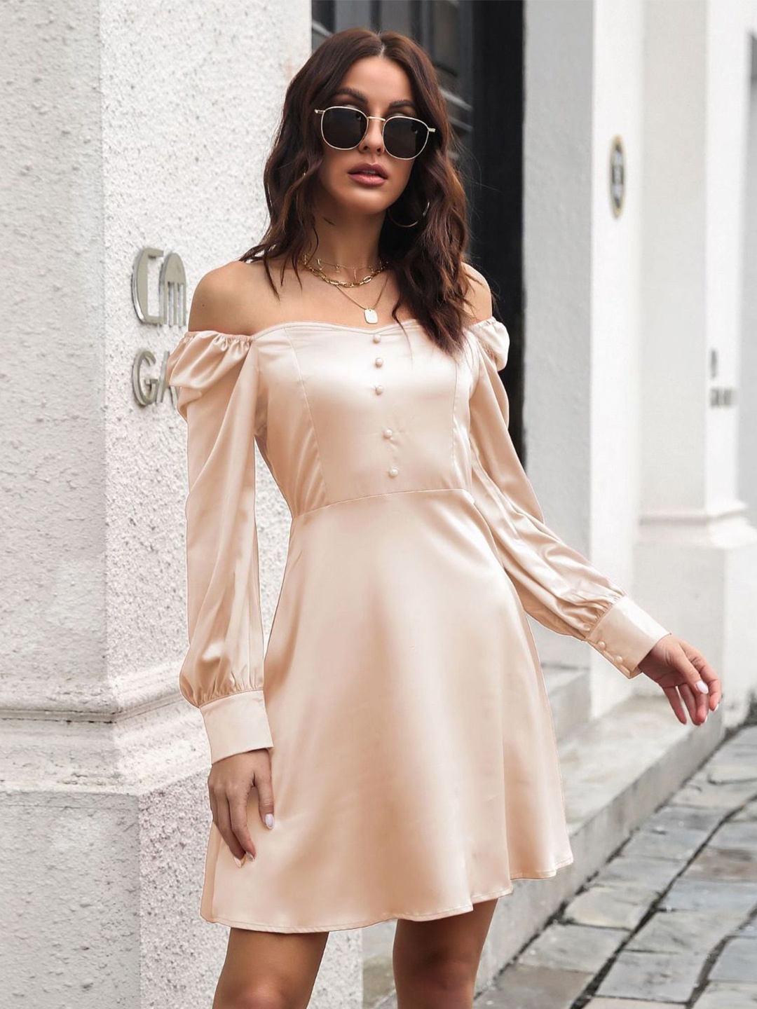 

DressBerry Champagne Off-Shoulder Puff Sleeve Fit & Flare Dress