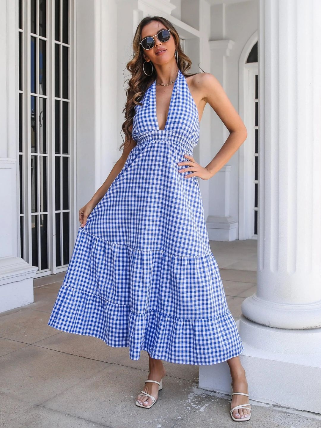 

DressBerry Checked Halter Neck Layered Maxi Dress, Blue