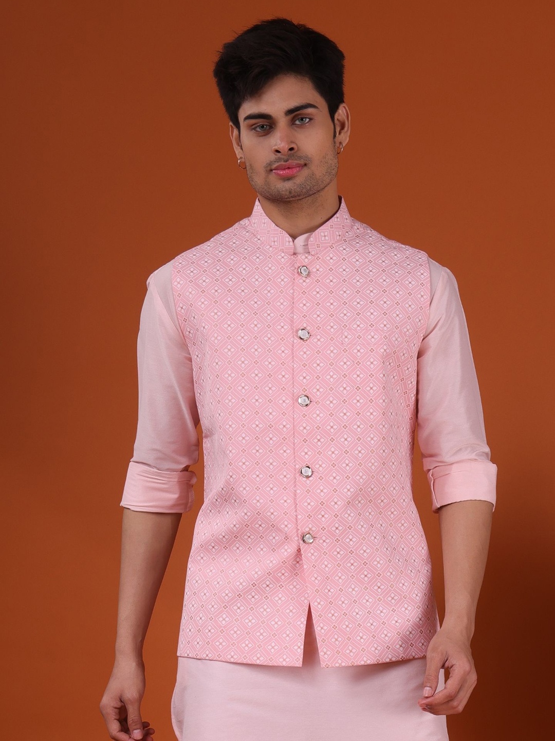 

SHIWAM ETHNIX Geometric Printed Pure Cotton Nehru Jacket, Pink