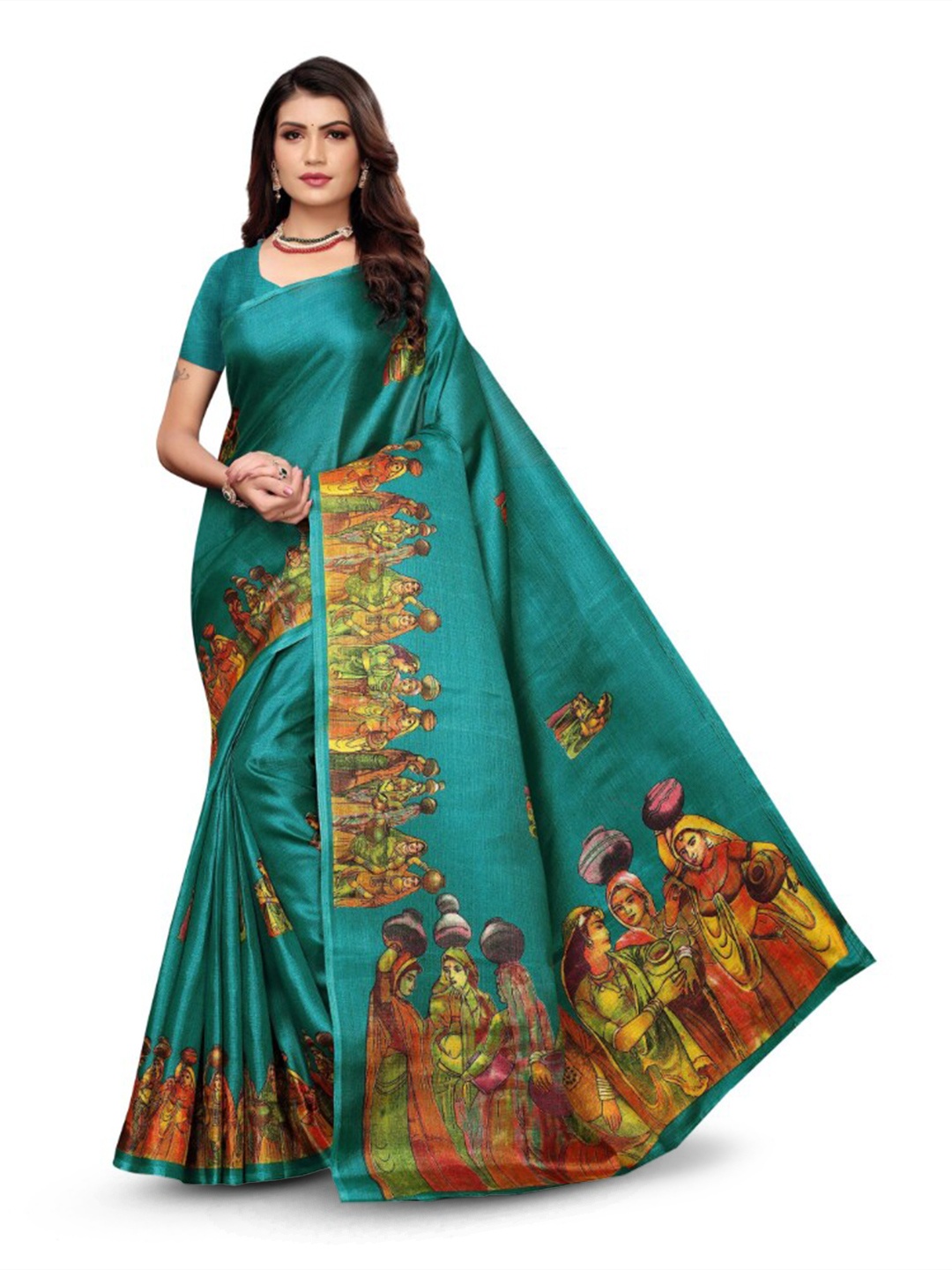 

KALINI Ethnic Motifs Printed Mysore Cotton Silk Saree, Teal