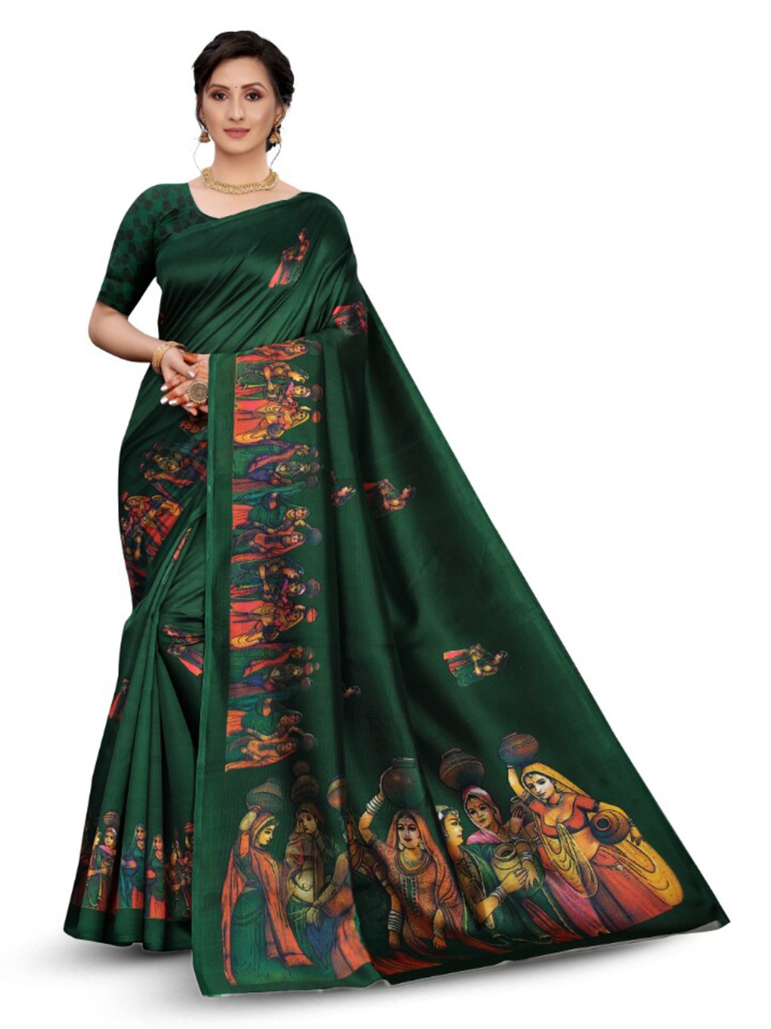 

KALINI Ethnic Motifs Printed Mysore Cotton Silk Saree, Green