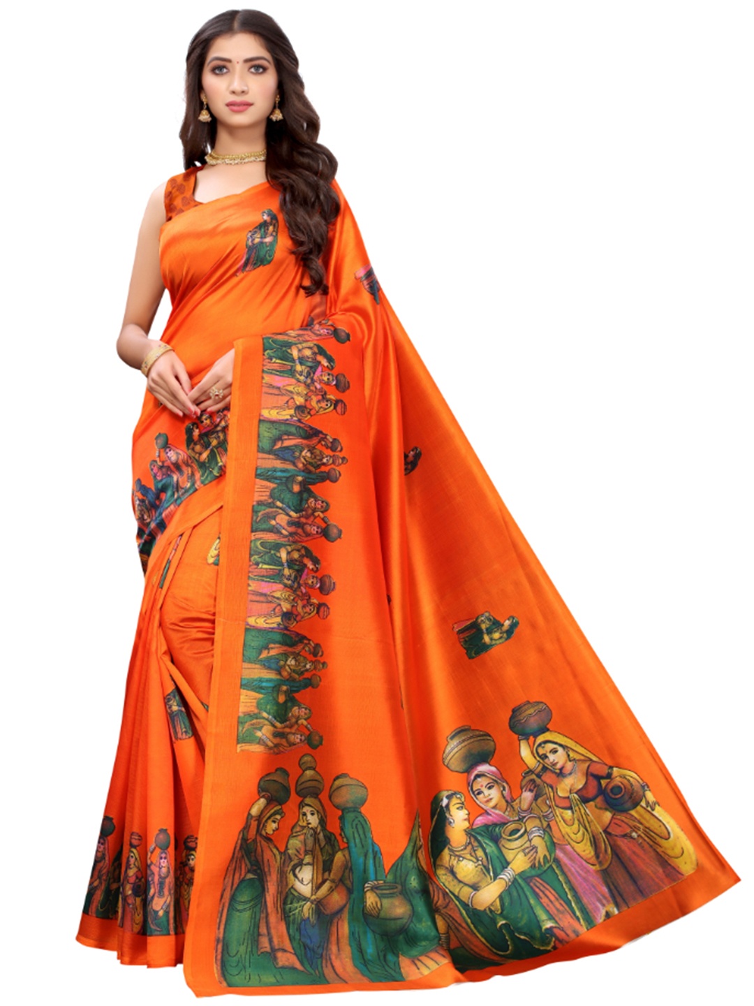 

KALINI Ethnic Motifs Printed Mysore Cotton Silk Saree, Orange