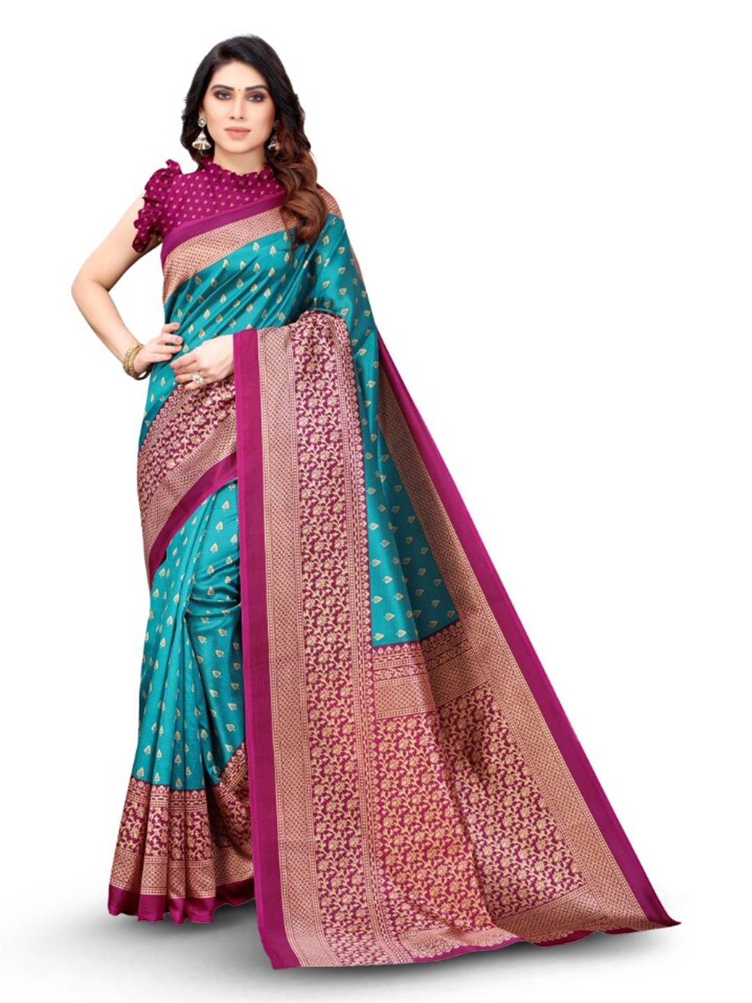 

KALINI Ethnic Motifs Woven Design Mysore Cotton Silk Saree, Turquoise blue