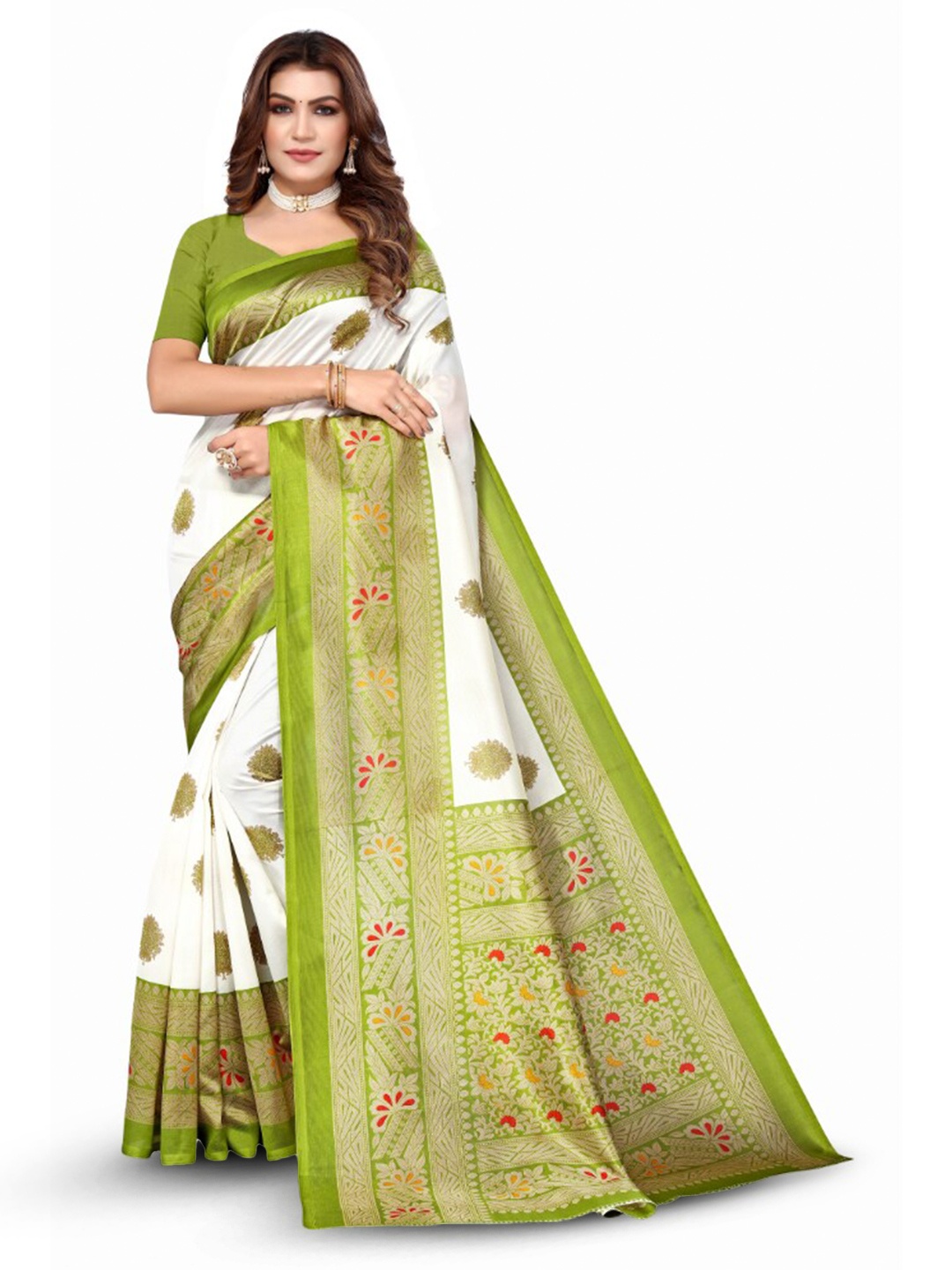 

KALINI Ethnic Motifs Printed Mysore Cotton Silk Saree, White