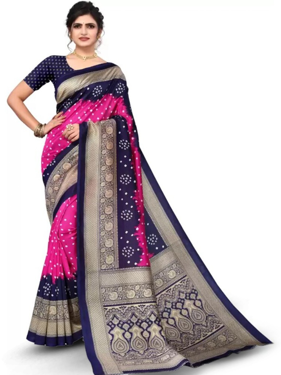

KALINI Bandhani Printed Mysore Cotton Silk Saree, Pink