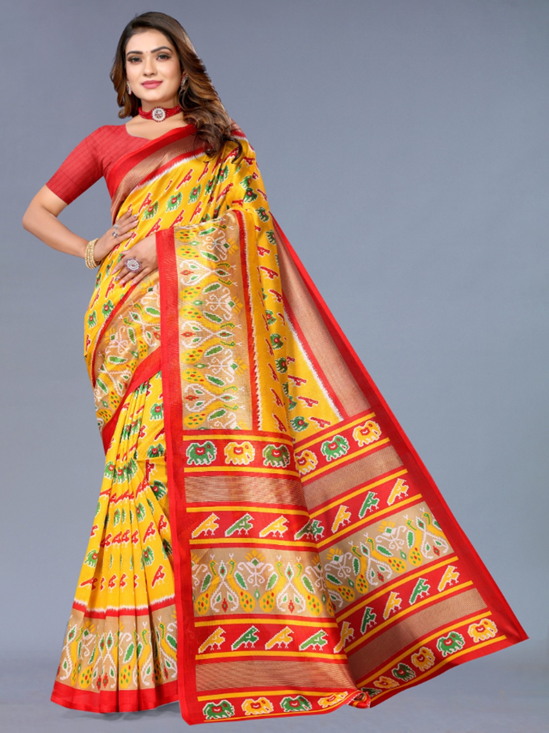 

KALINI Ethnic Motifs Printed Mysore Cotton Silk Saree, Yellow