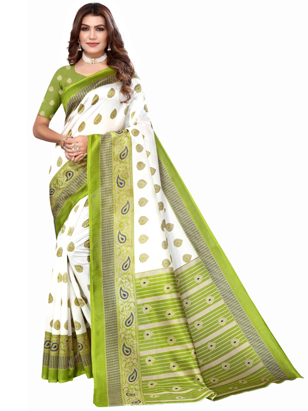 

KALINI Ethnic Motifs Printed Mysore Cotton Silk Saree, White