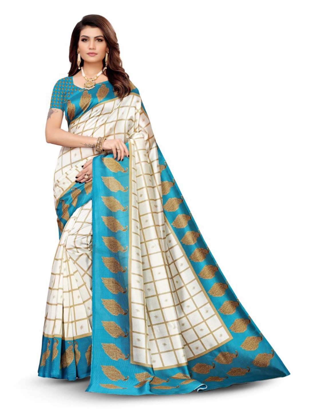 

KALINI Ethnic Motifs Woven Design Zari Saree, Off white