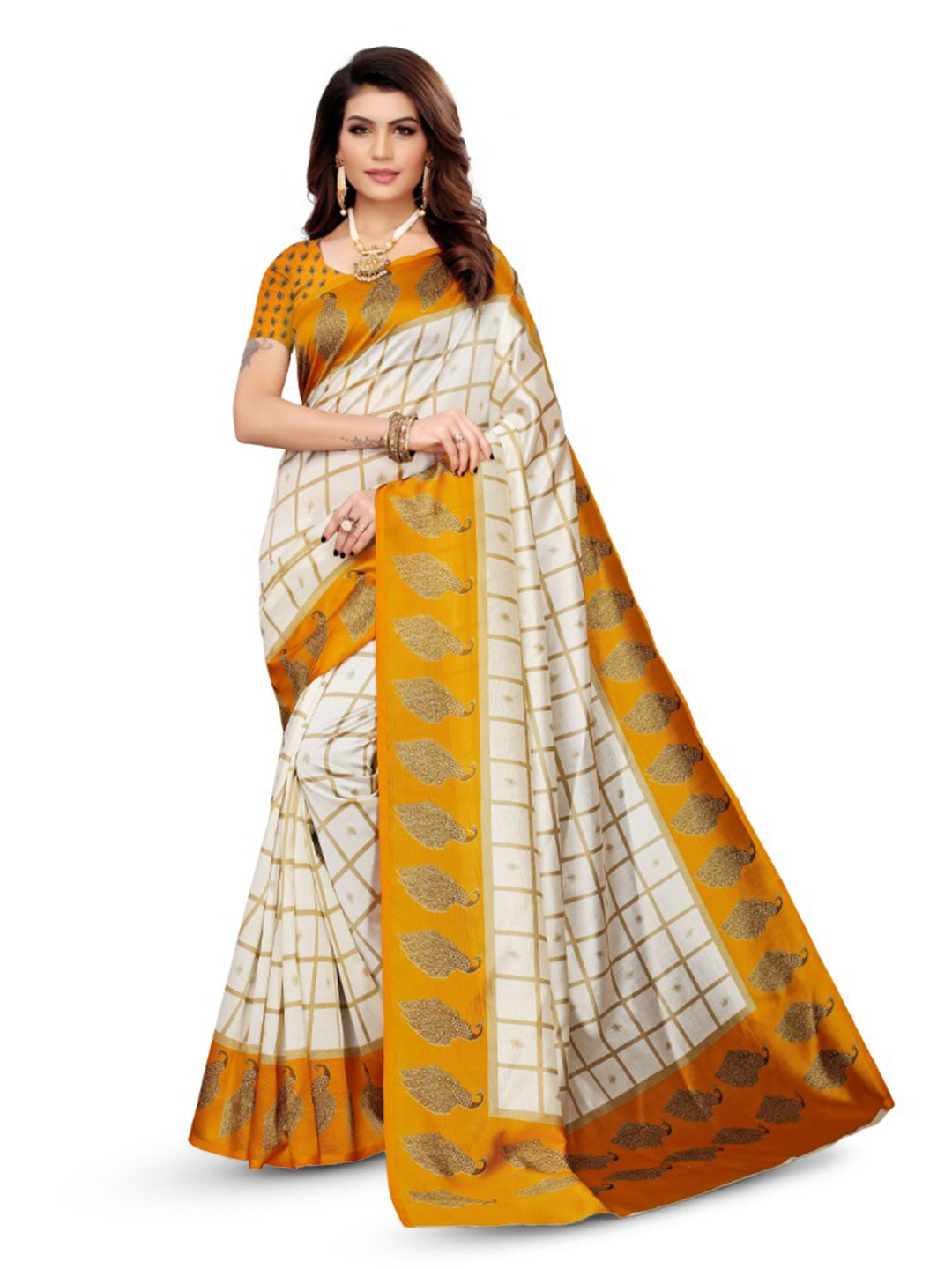 

KALINI Ethnic Motifs Woven Design Zari Saree, White