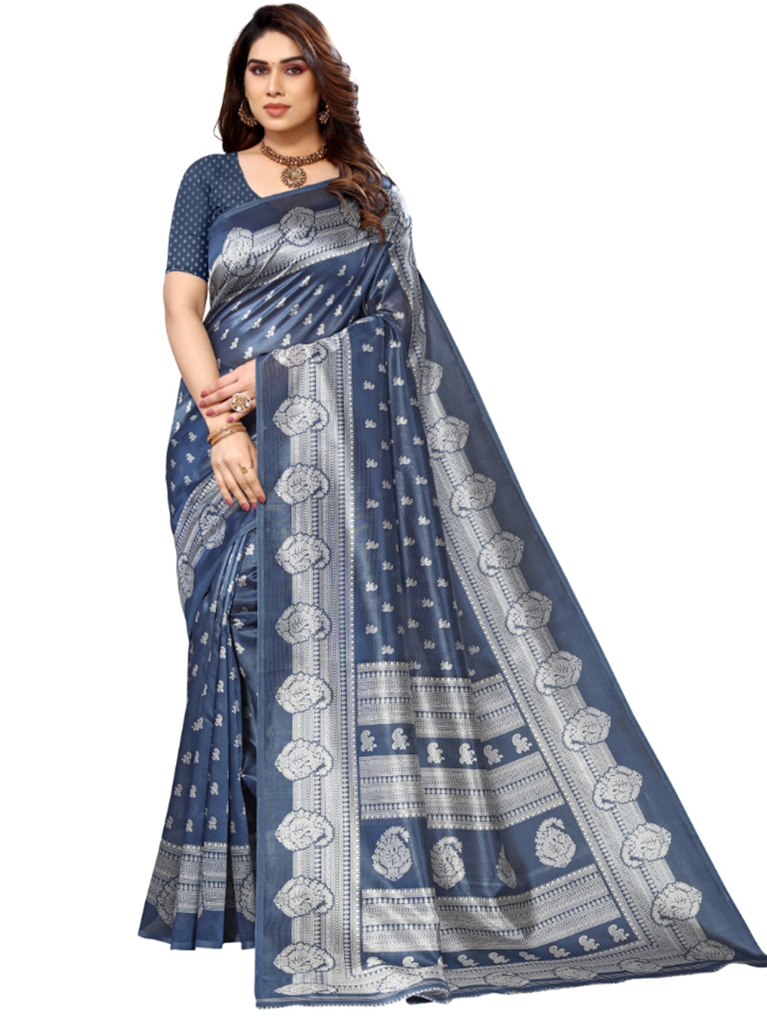 

KALINI Ethnic Motifs Woven Design Zari Mysore Cotton Silk Saree, Grey