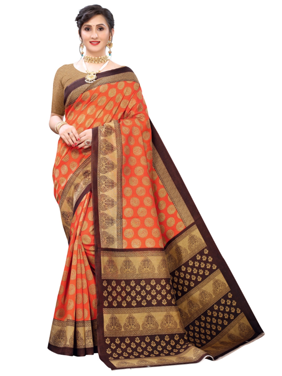 

KALINI Ethnic Motifs Woven Design Zari Mysore Cotton Silk Saree, Orange
