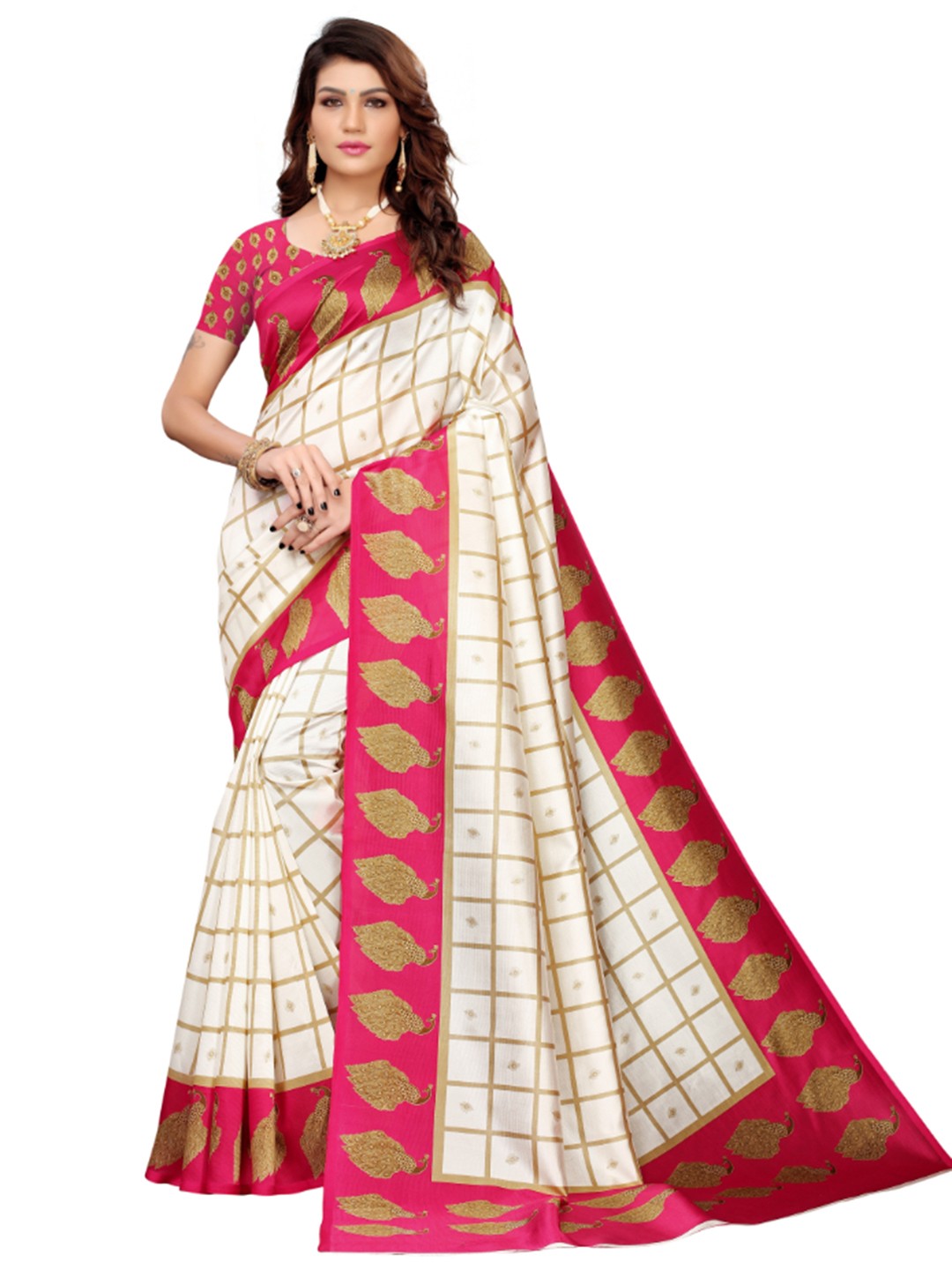 

KALINI Checked Saree, White