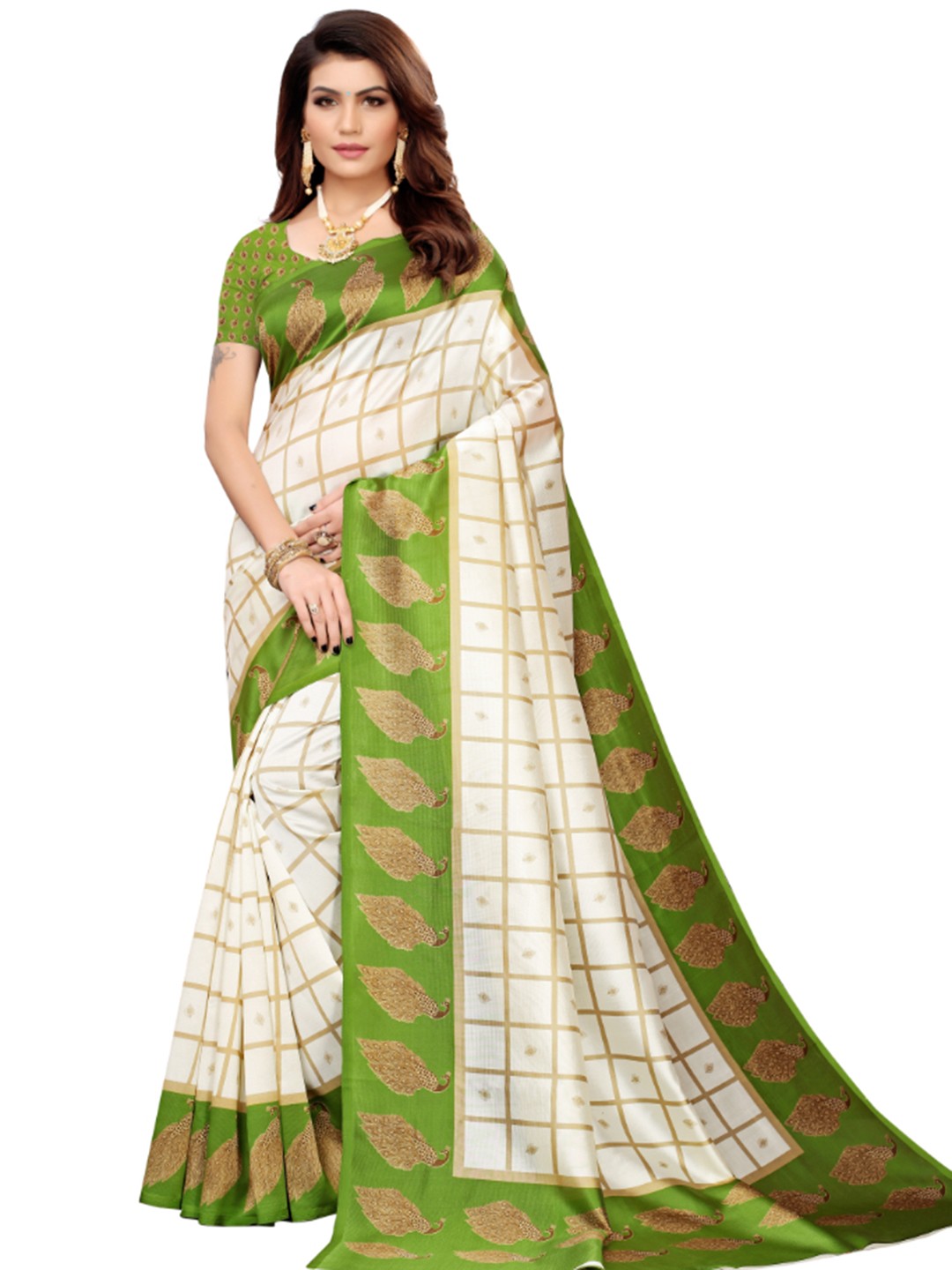 

KALINI Checked Saree, Off white