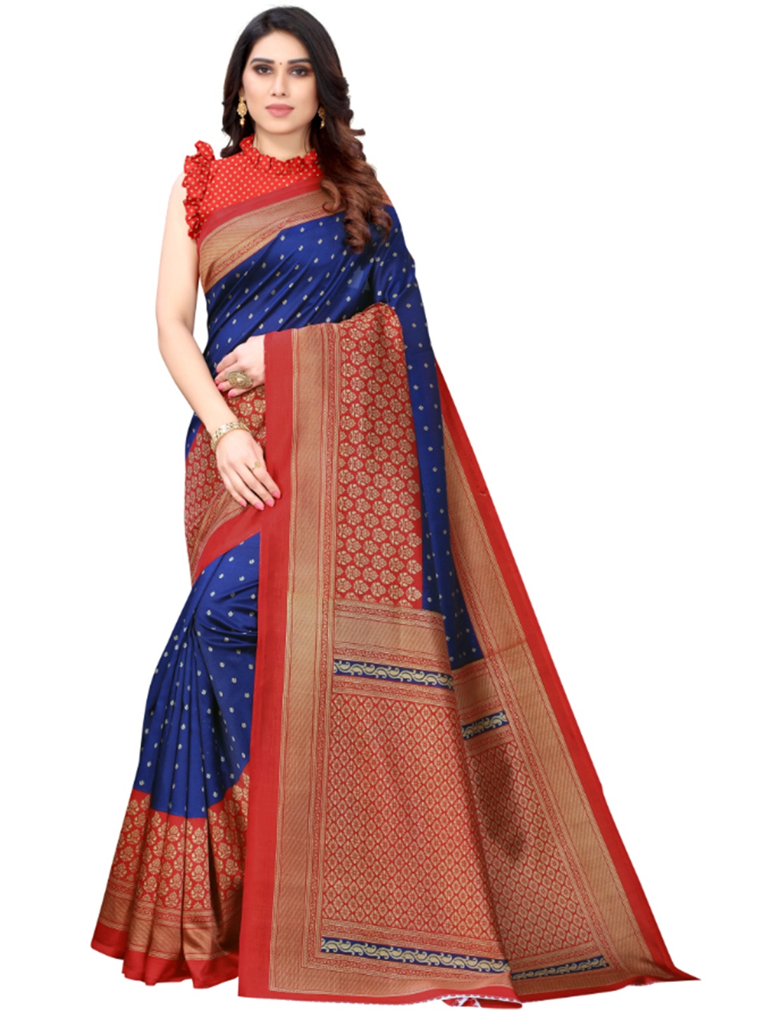 

KALINI Ethnic Motifs Woven Design Zari Saree, Navy blue