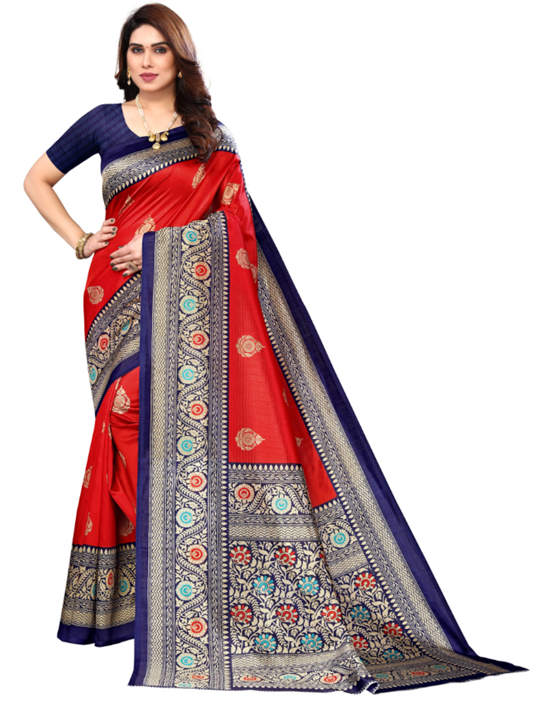 

KALINI Ethnic Motifs Woven Design Zari Mysore Cotton Silk Saree, Red