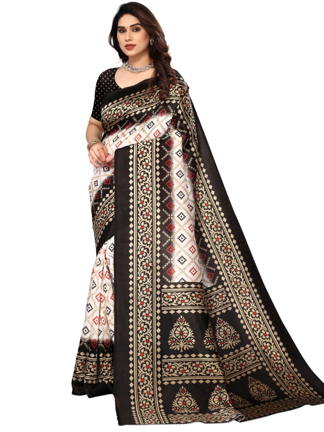 

KALINI Ethnic Motifs Printed Mysore Cotton Silk Saree, White