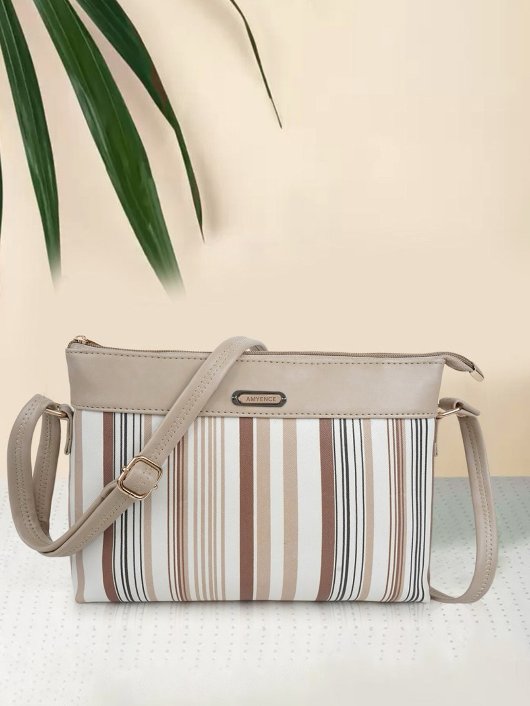 

AMYENCE Striped Structured Sling Bag, Beige