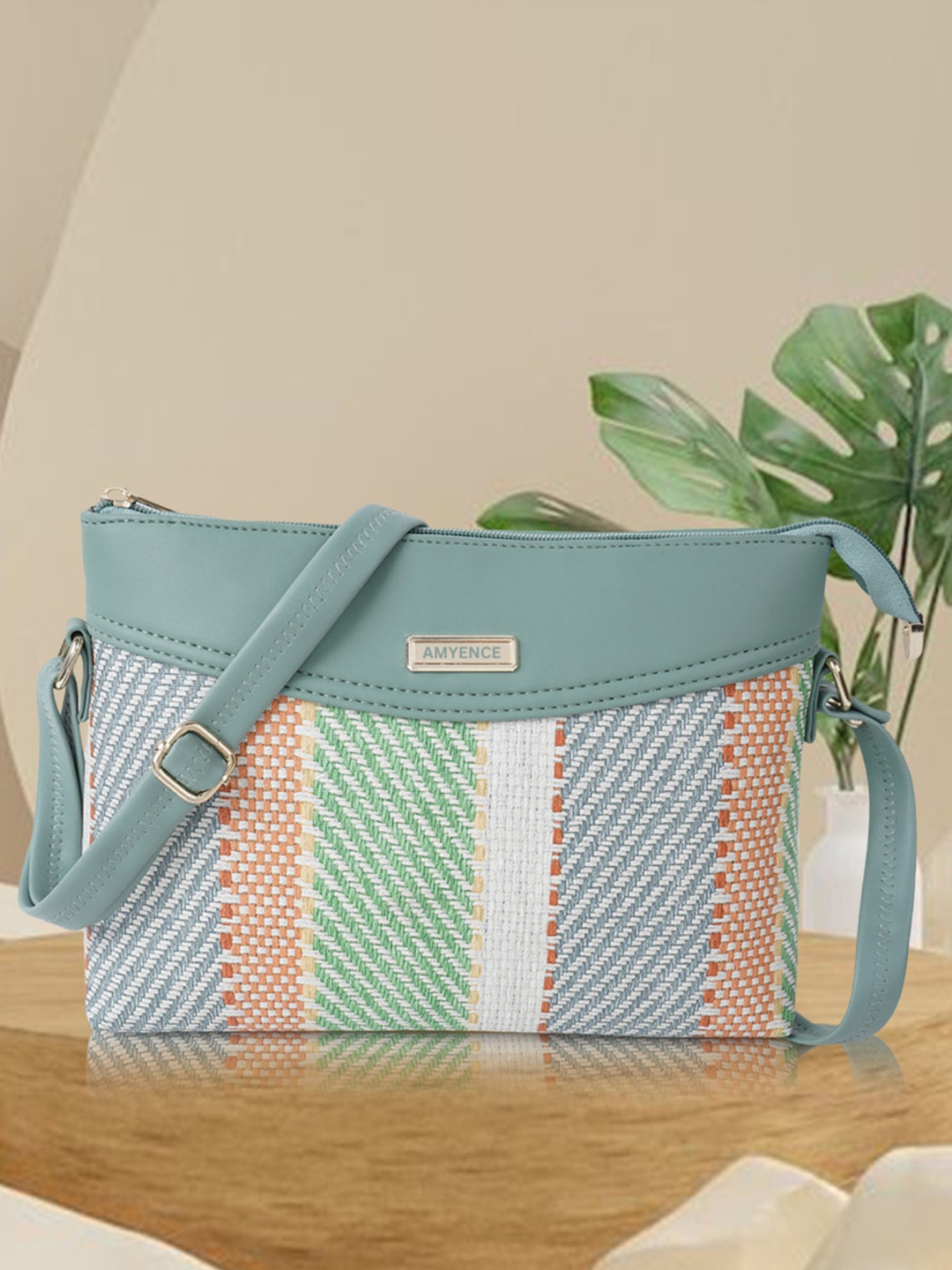 

AMYENCE Striped Structured Sling Bag, Green