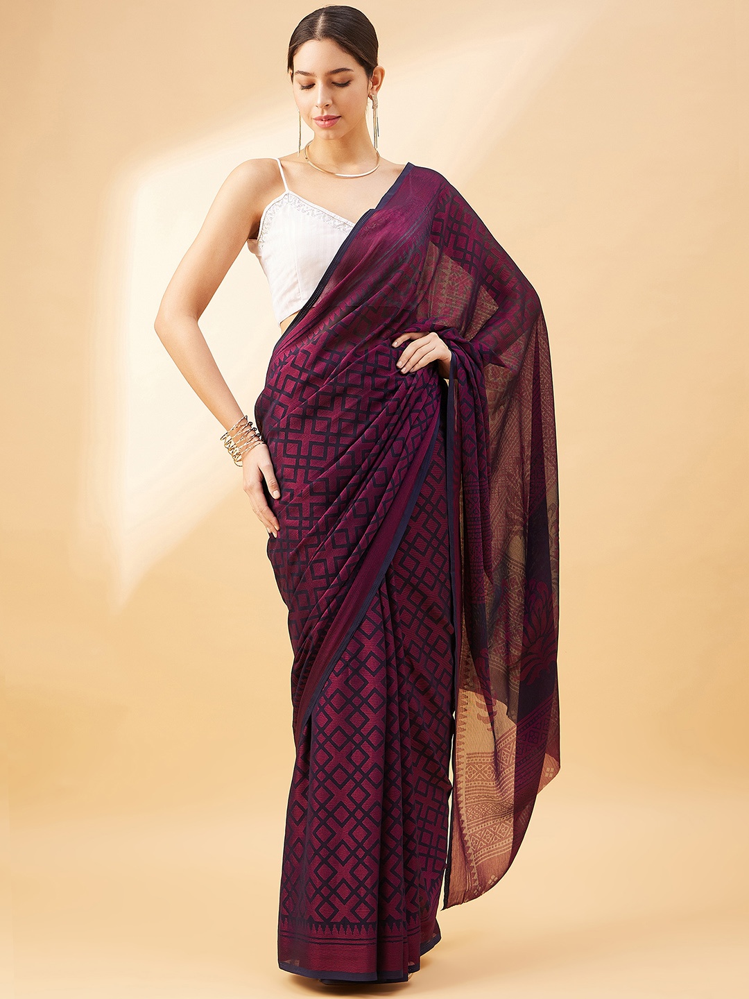

all about you Geometric Printed Saree, Navy blue
