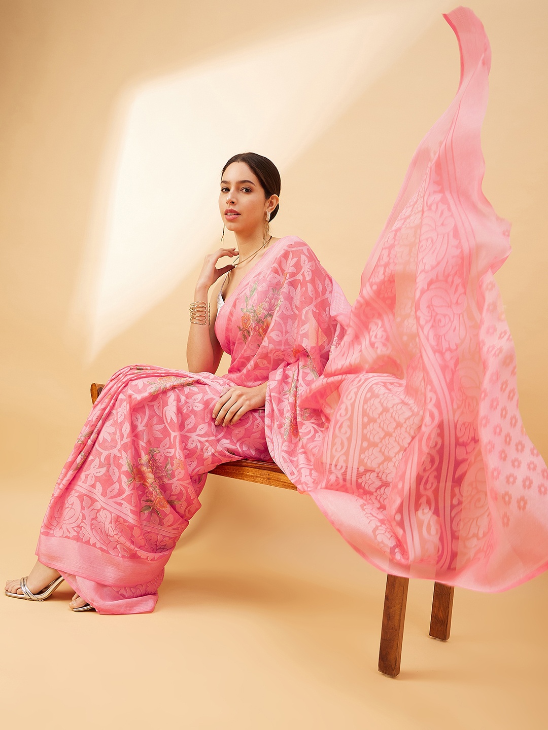 all about you Floral Mysore Silk Saree, Peach