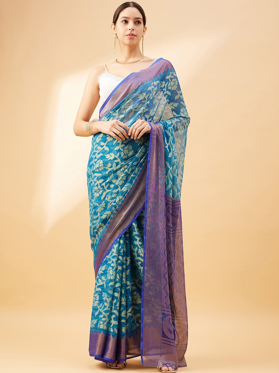 

all about you Blue & Purple Woven Design Floral Printed Chanderi Saree