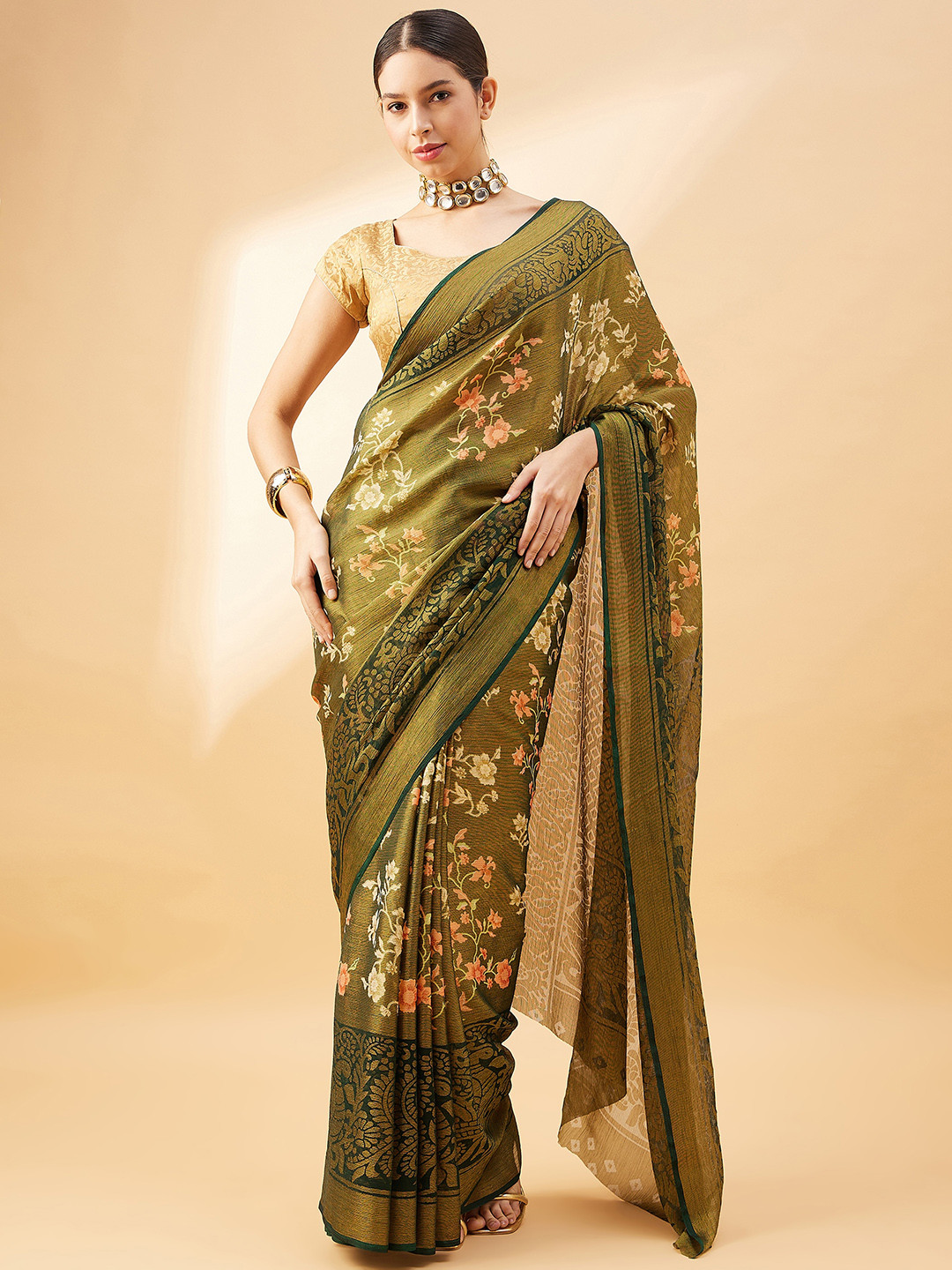

all about you Floral Woven Design Mysore Silk Saree, Green