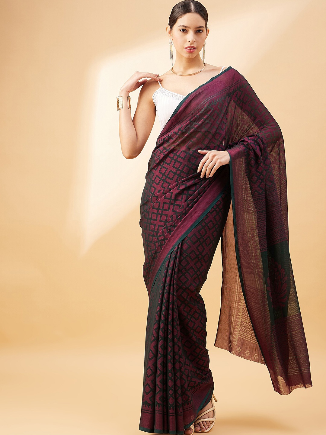 

all about you Green & Purple Woven Design Geometric Printed Saree