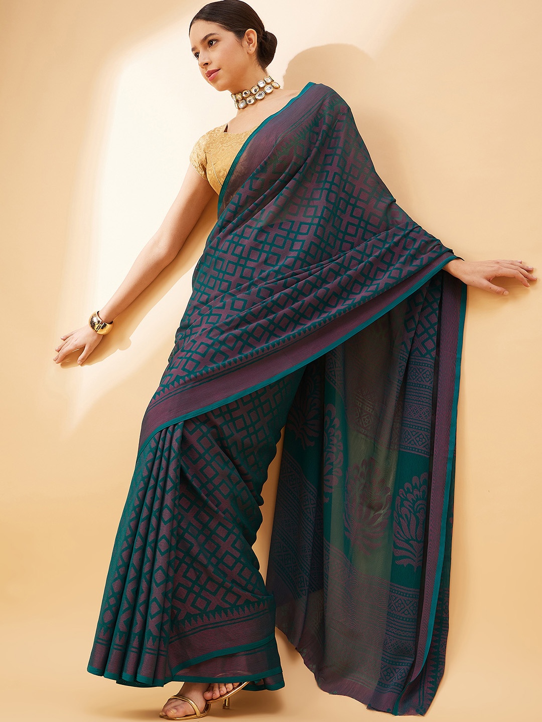 

all about you Geometric Woven Design Saree, Turquoise blue