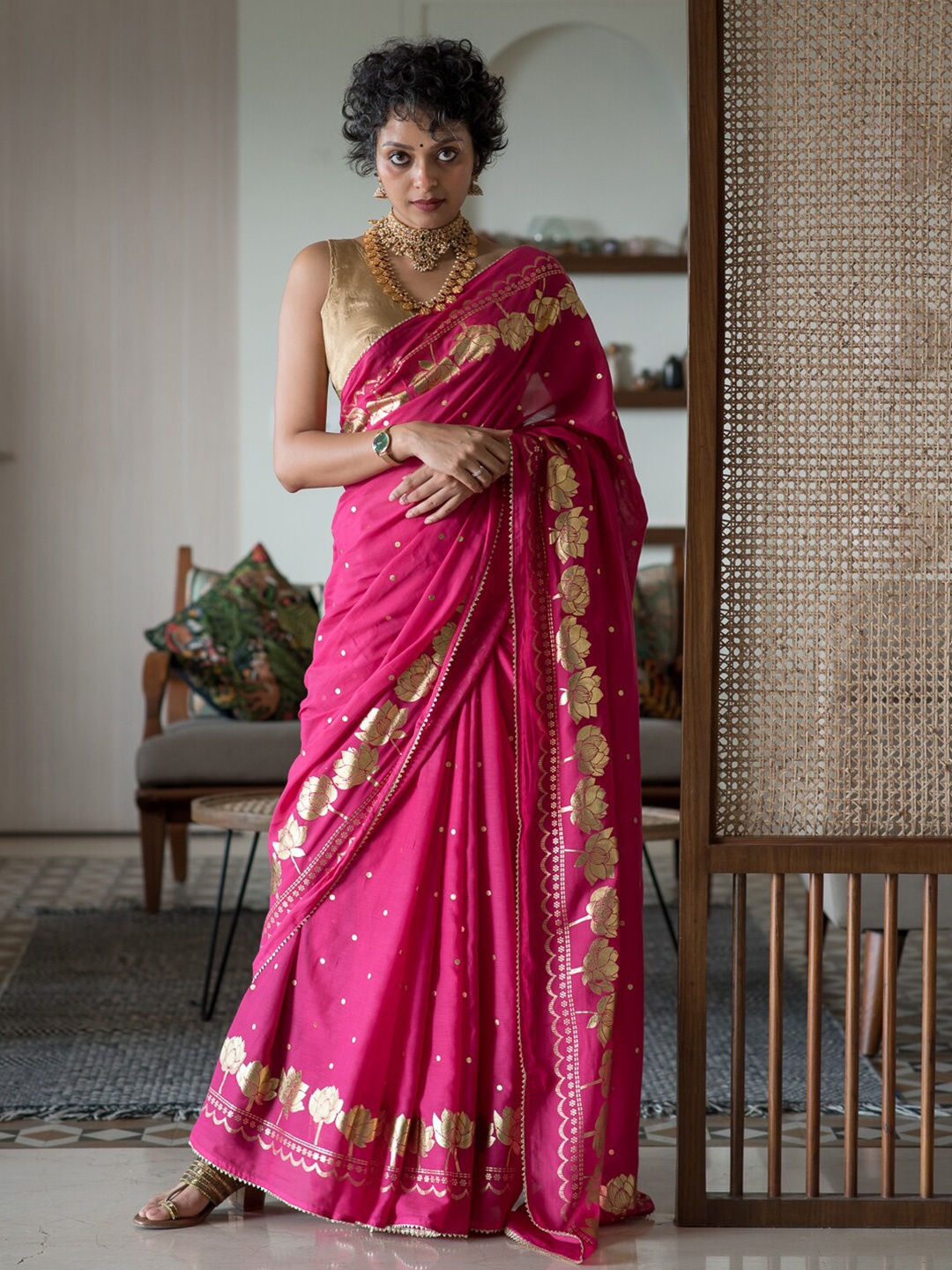 

Suta Polka Dot Printed Embellished Saree, Pink