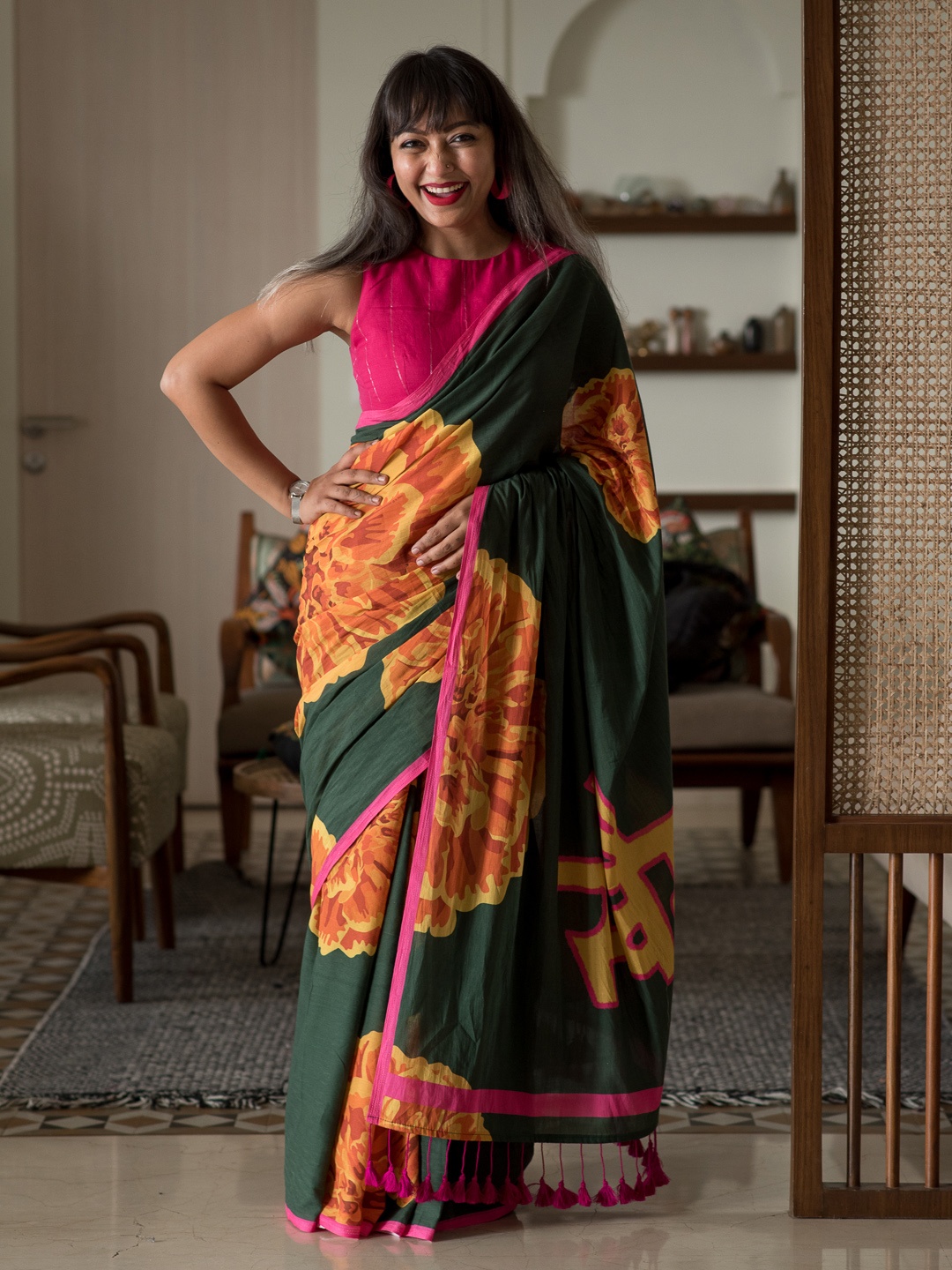 Suta Floral Print Pure Cotton Saree, Green