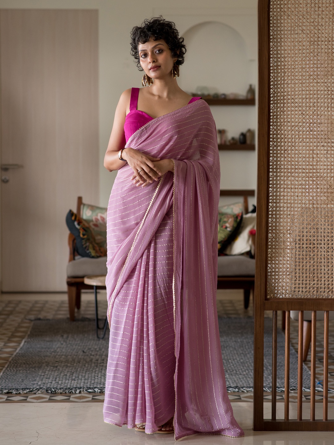 

Suta Gotta Patti Embellished Striped Party Wear Saree, Pink