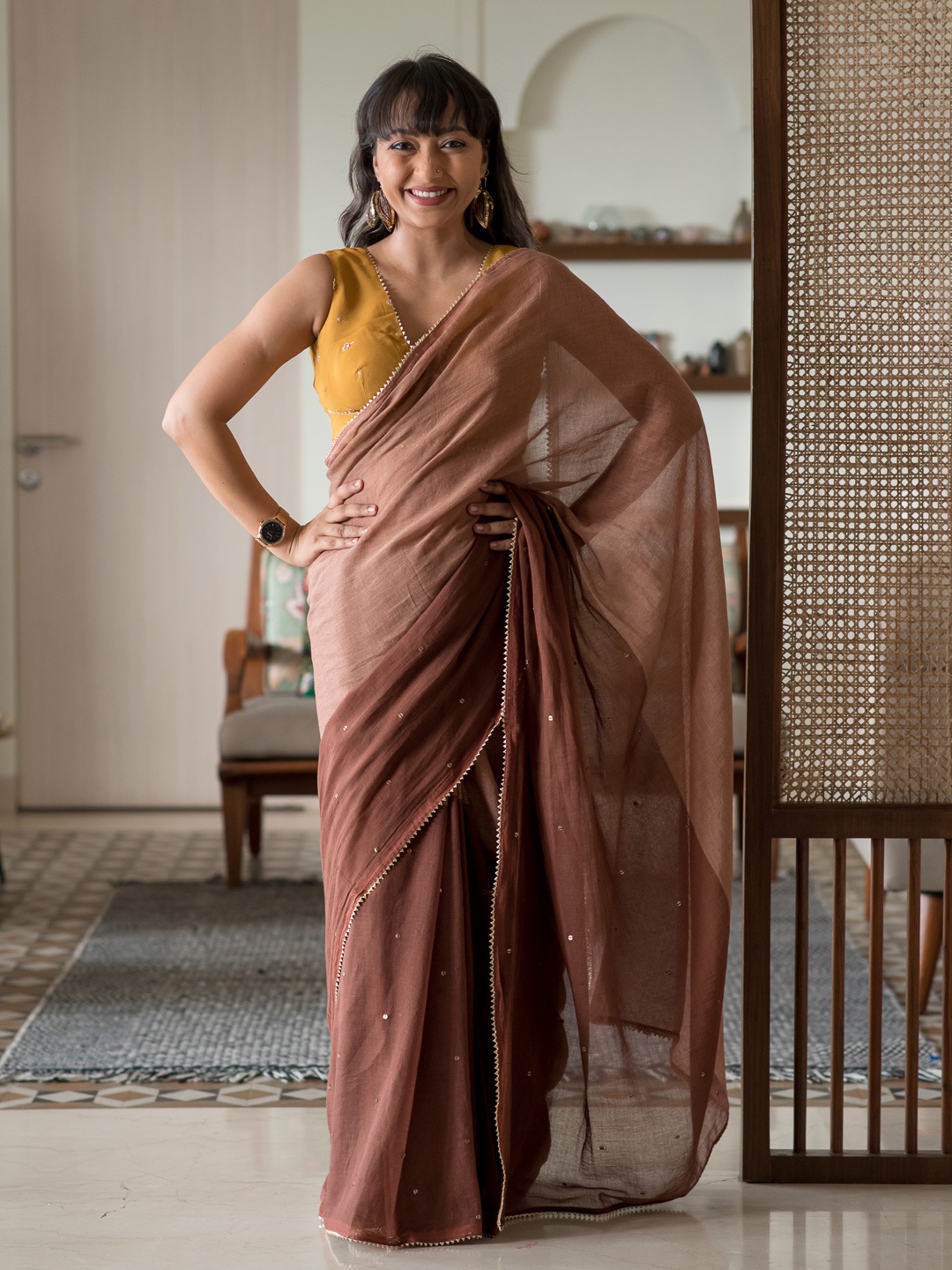 

Suta Brown Colourblocked Printed Sequinned Pure Cotton Saree