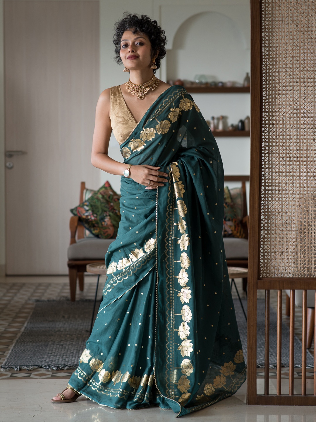 

Suta Floral Print Gotta Patti Saree, Green