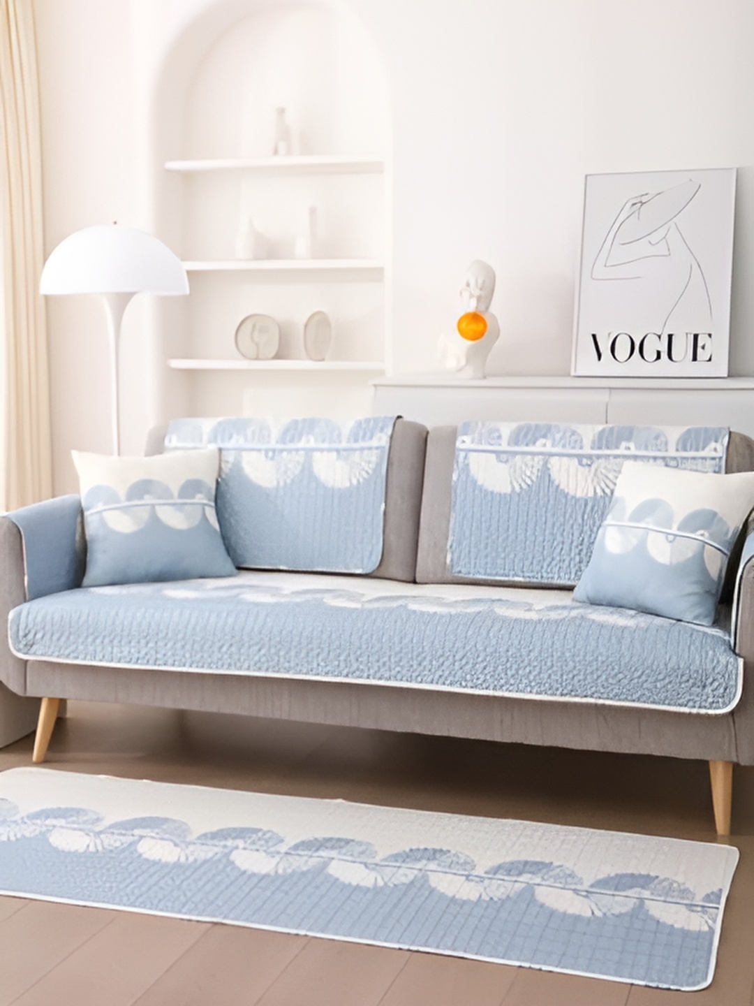 

HomeCloud Blue & White 4 Pieces Printed Sofa Covers With Arms