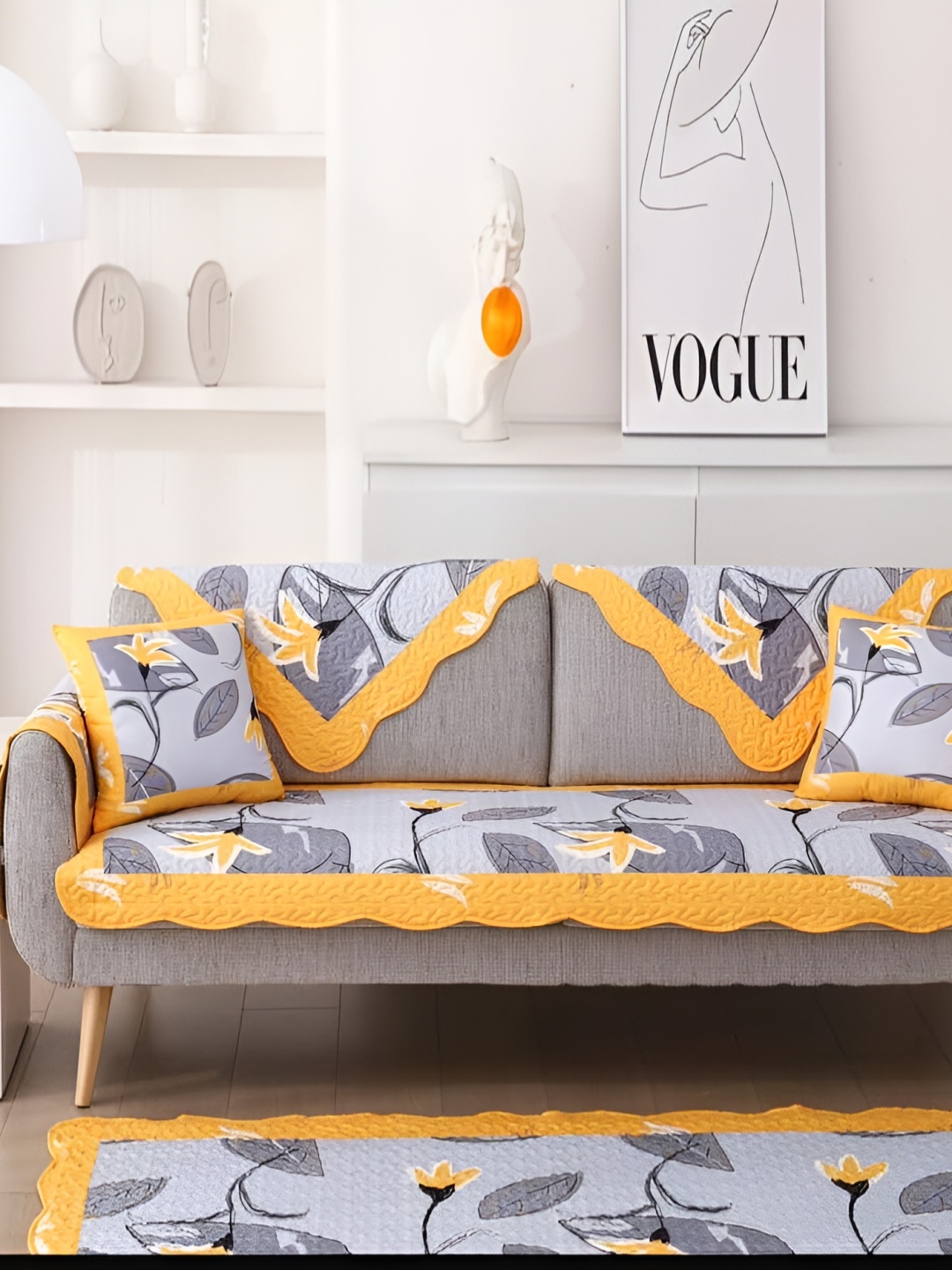 

HomeCloud Grey & Mustard 5 Pieces Chenille Printed Sofa Covers