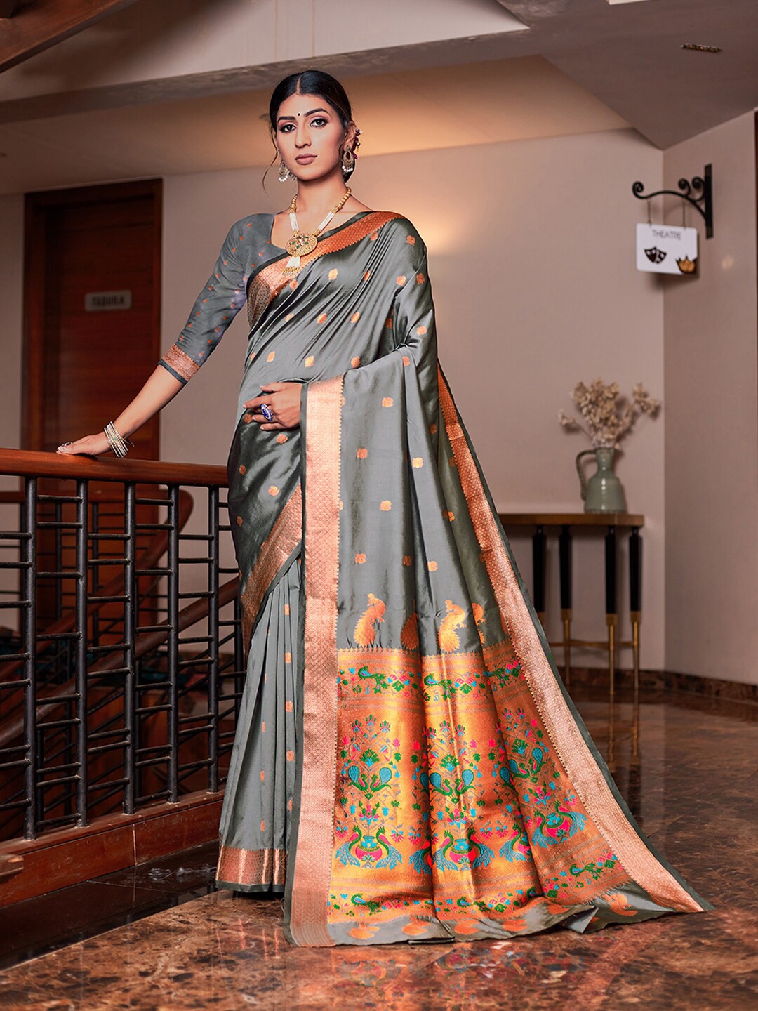 

JUST FASHION Ethnic Motifs Woven Design Zari Paithani Saree, Grey