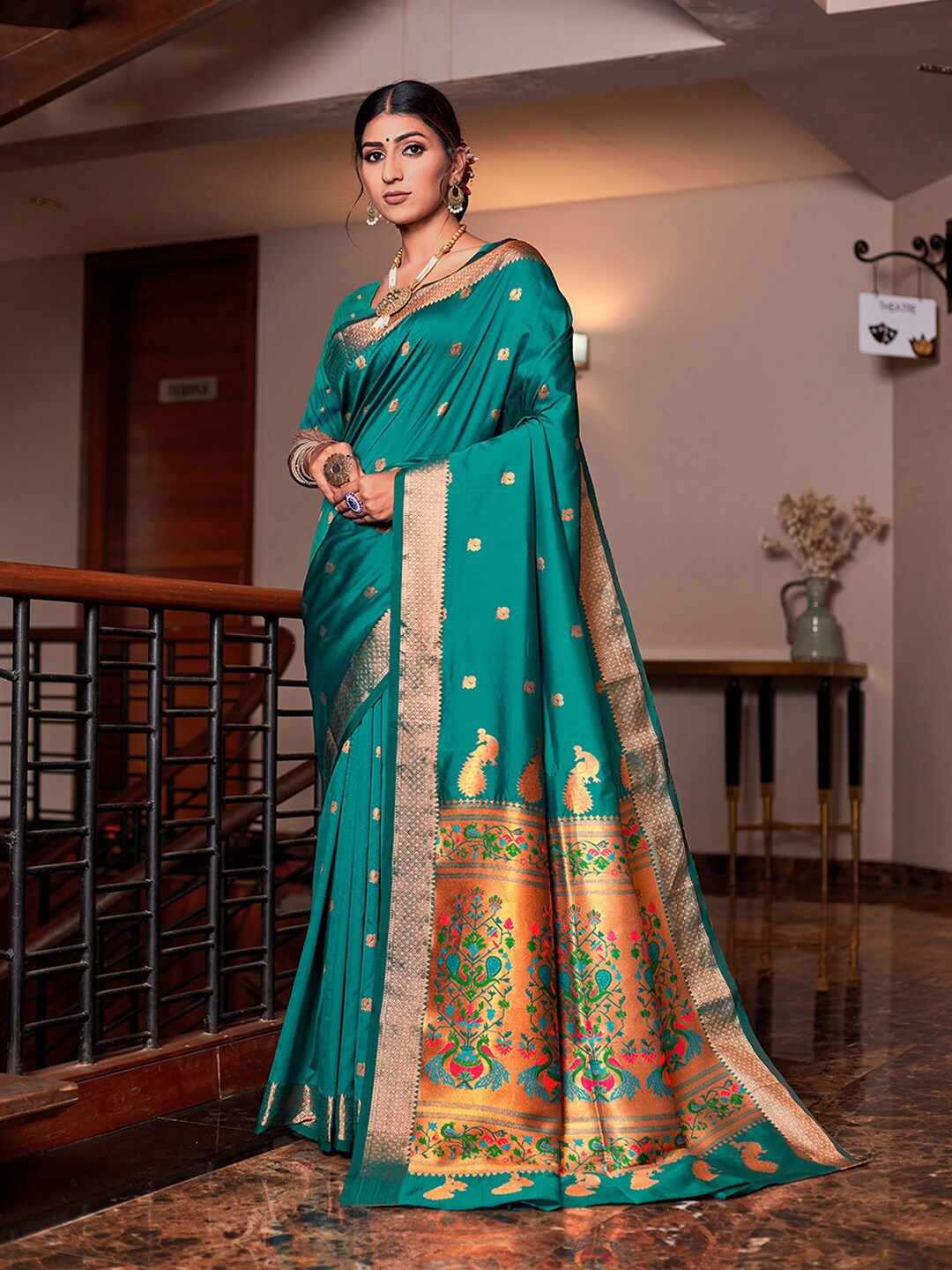 

JUST FASHION Ethnic Motifs Zari Paithani Saree, Turquoise blue